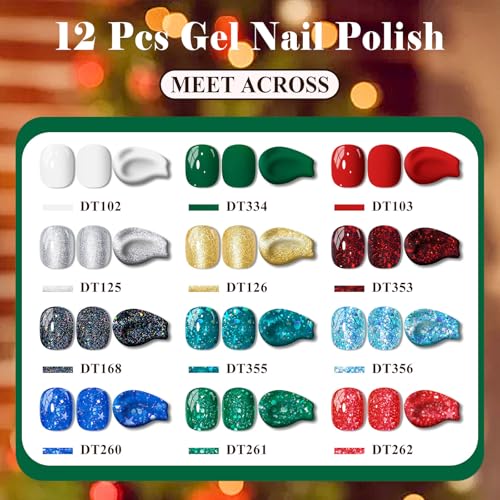 MEET ACROSS 12PCS Gel Nail Polish Set - Red Green / 3 Fl Oz Long-Lasting UV & LED Nail Art Kit
