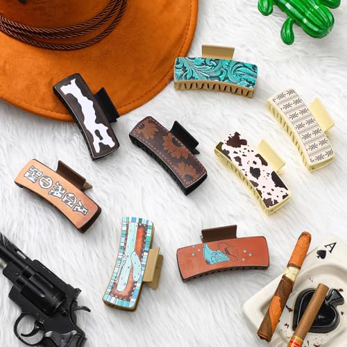 8 Stylish Western Leather Hair Claw Clips - Cow Print Design