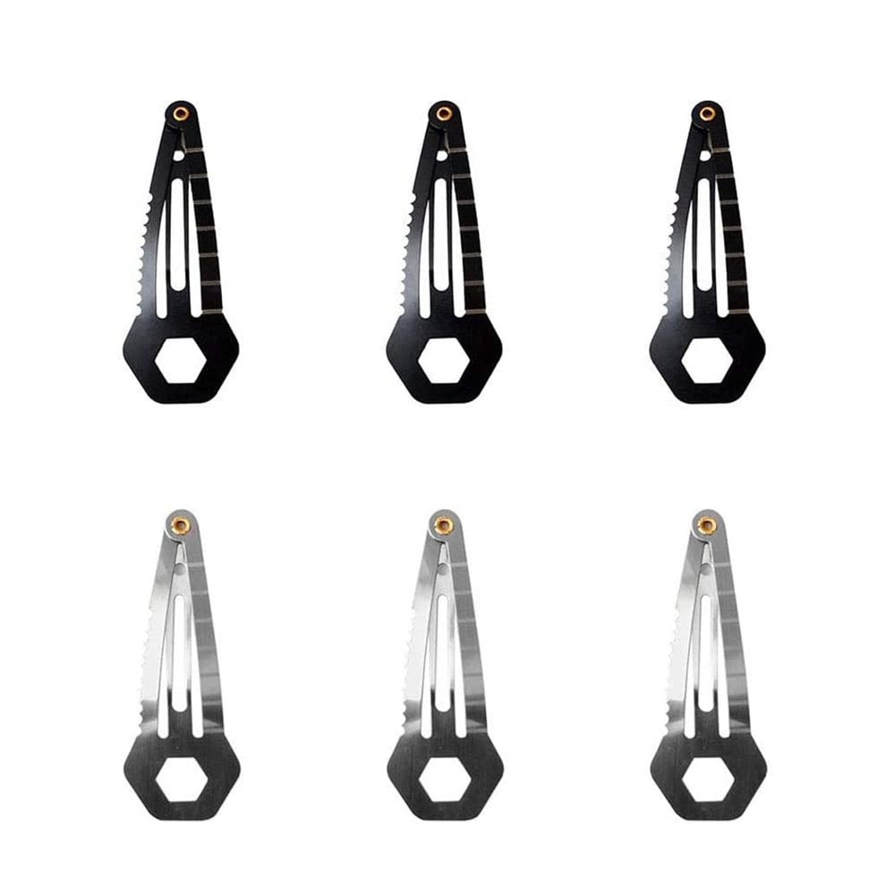 Mini Multi-Functional Hair Clip Stainless Steel Hairpin Women Self-Defense Tool EDC Survival Kit,Ruler/Bottle Opener/Box Cutter/Screw Driver/Scrapper/Trolley Coin Survival Tool(6-Pack,Silver and