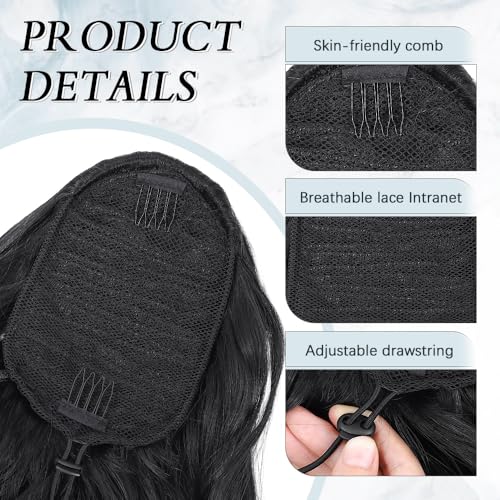 Mychanson 16 Inch Black Curly Wavy Drawstring Ponytail Extension