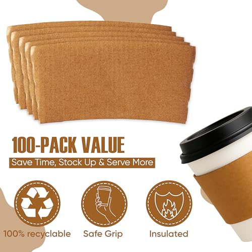 Kraft Paper Coffee Cup Sleeves - Insulated Hot Drink Holders, 100 Pack
