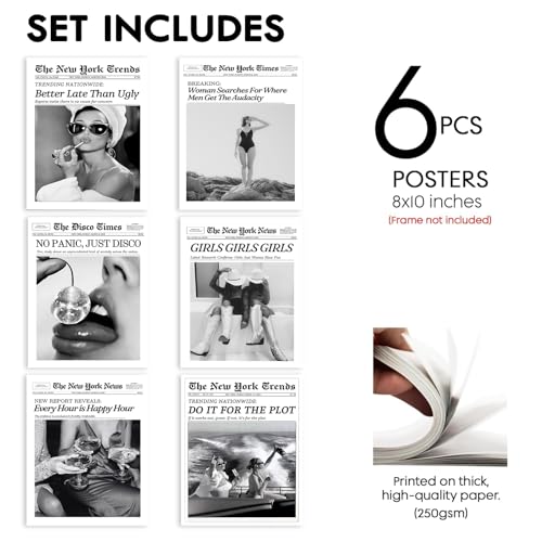 Retro New York Newspaper Wall Art Set - 6 Unframed 8x10 Prints