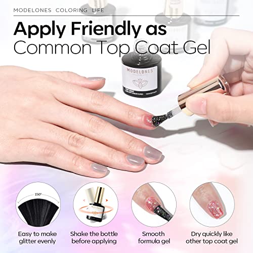 Modelones Iridescent Silver Glitter Gel Top Coat - 15ml No Wipe Shiny Finish