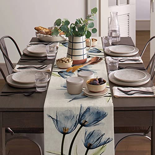 Floral Linen Table Runner - Tulip Blue, 13x72 Inch for Dining Decor