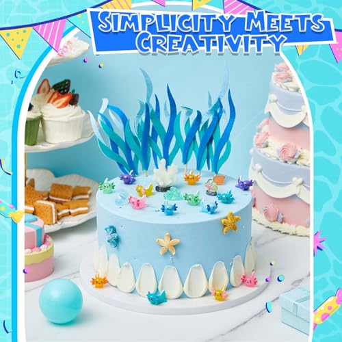 Axolotl Cake Topper Set with 22 Figurines & Seagrass - Ocean Theme Party Decorations