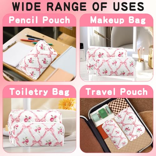 Bow Floral Cotton Quilted Makeup & Pencil Bag Set - Travel Organizer, Cosmetic & Skincare Storage