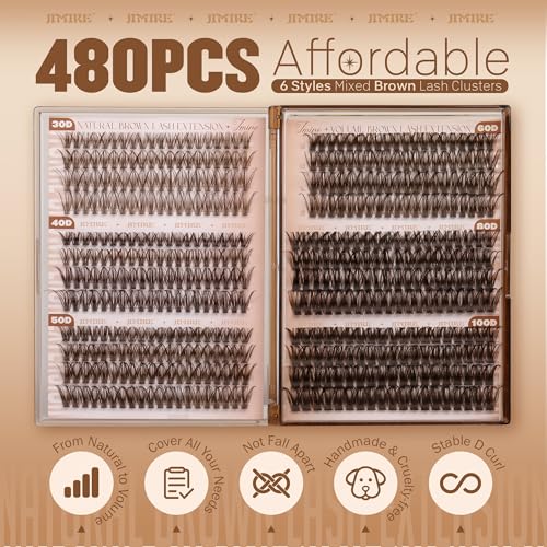 JIMIRE Brown Lash Clusters - 476Pcs Wispy D-Curl DIY Eyelash Extensions