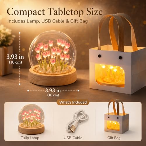USB Powered LED Tulip Night Light with Glass Dome & Wooden Base