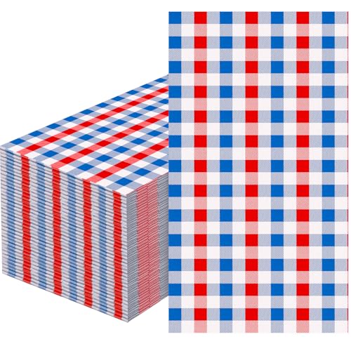 100 Disposable 4th of July Gingham Napkins - Patriotic Red, White & Blue
