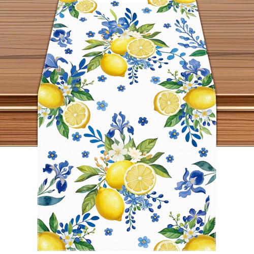 Lemon & Blue Floral Table Runner - 90 x 13 Inch Linen Fabric