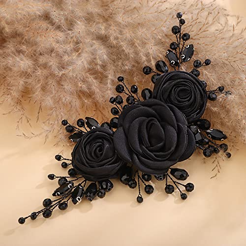 Teyglen Black Flower Wedding Headband with Rhinestones