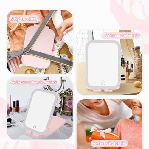 Portable Rechargeable Makeup Mirror with 3 LED Colors - 7.9x5.4 inch, Pink