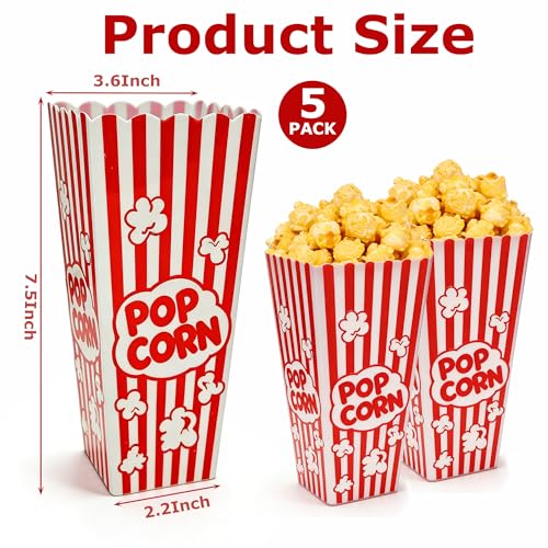 Homrelaxy 5 Pack Reusable Popcorn Containers - Classic Red & White Buckets