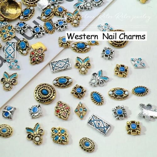 20Pcs Western Nail Charms Retro Metal Turquoise Art Rhinestones 3D