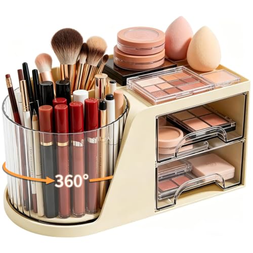 KDYNIX 360° Rotating Makeup Brush Holder, 6-Slot Organizer with 2 Drawers, Cream
