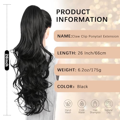 26 Inch Wavy Claw Clip Ponytail Extension - Black Synthetic Hair Piece