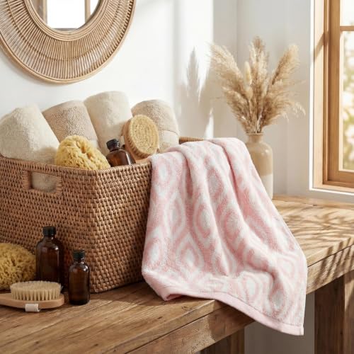 Artoid Mode 2-Piece Beige Pink Jacquard Hand Towels - 100% Cotton, Soft & Absorbent (13.7 x 29.5 Inch)