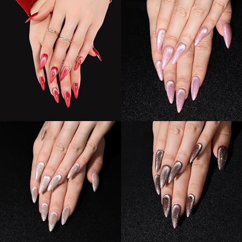 KKUUOO A030 Long Stiletto Press on Nails - 4 Pack Velvet & Gradient Designs, Reusable Acrylic Fake Nails