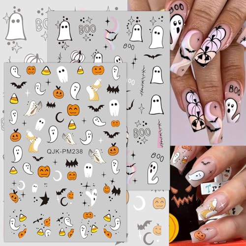 3D Halloween Nail Art Stickers - 8 Sheets Pumpkin, Ghost & Bats