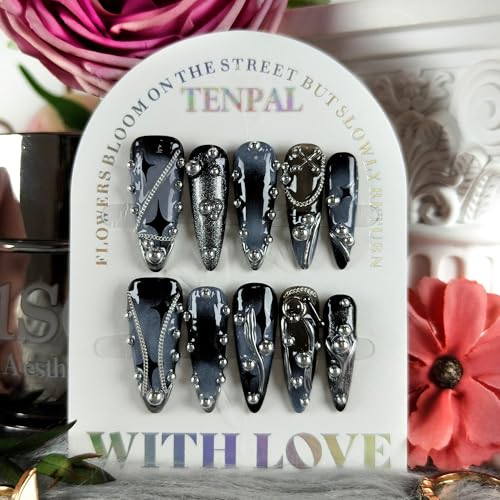 Long Stiletto Press-On Nails with 3D Cross Studs - Size M