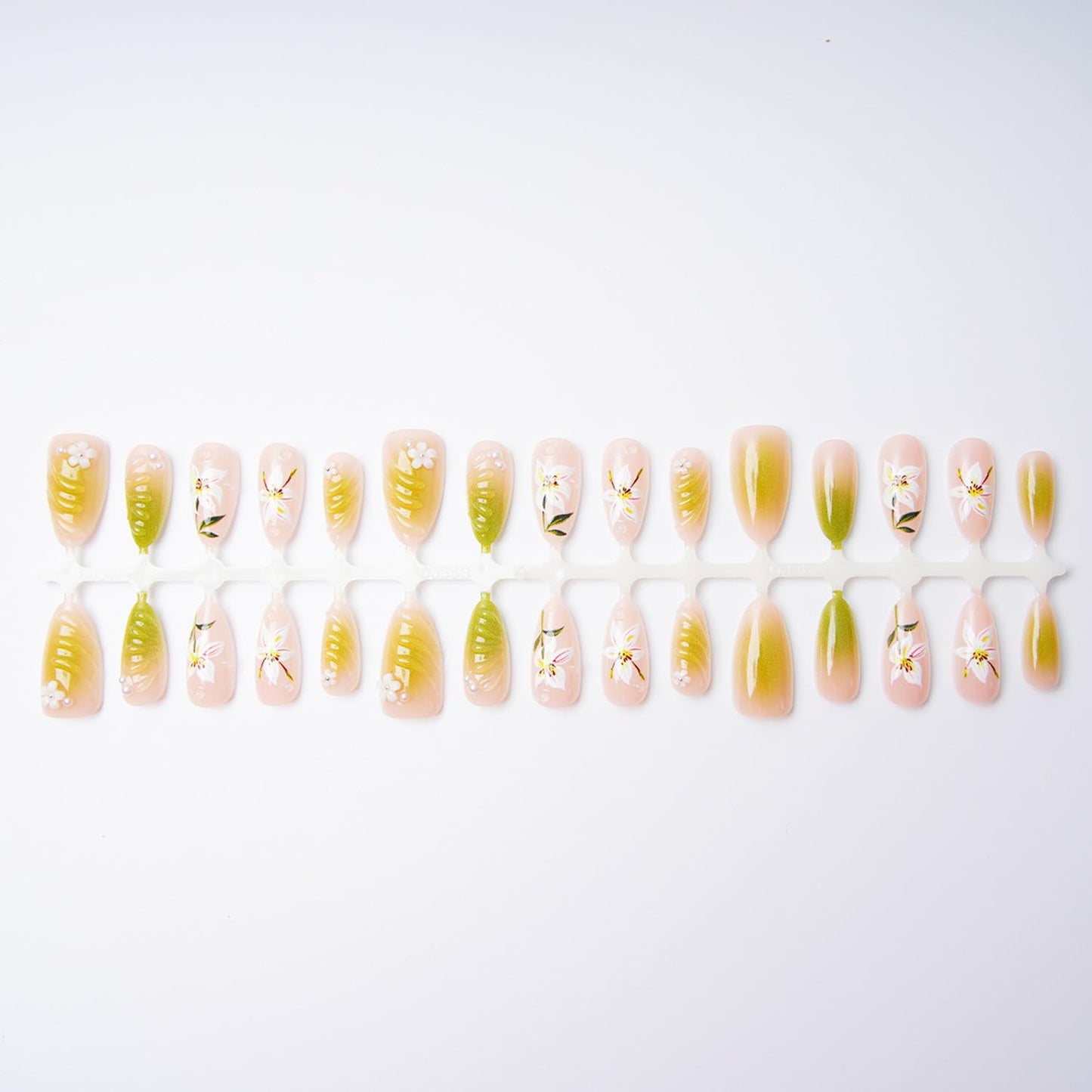 Spring Flower Press-On Nails - Hand-Painted 3D Floral Design | Medium Almond Shape, Green Gradient