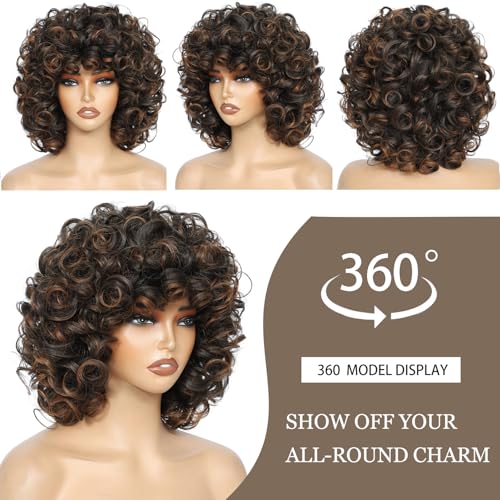 Short Curly Wig for Black Women - Ombre Auburn Afro Kinky Curls with Bangs