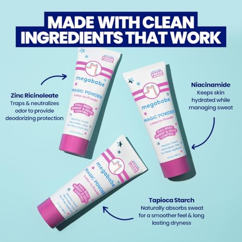 Megababe Magic Powder Lotion - Sweat & Odor Absorbing Body Treatment, 3 oz