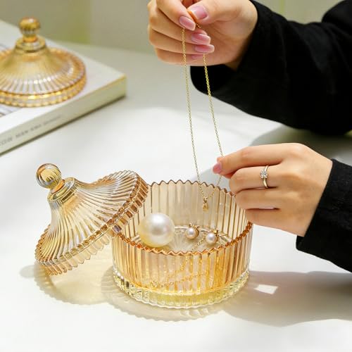 Amber Glass Jewelry Jar with Lid - Decorative Storage Dish