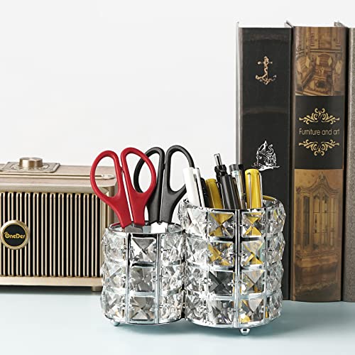 LUEXBOX Silver Crystal Makeup Brush Holder - 2-Compartment Vanity Organizer