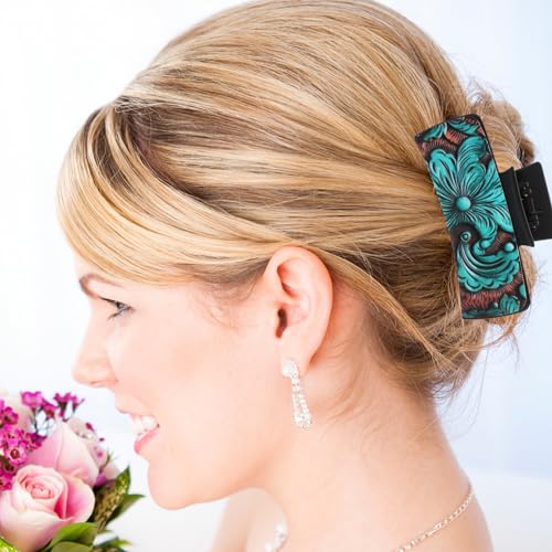 Vintage Turquoise Hair Claw Clip for Women - PU Leather, 4.13in