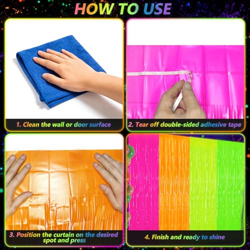 Glow in The Dark Tinsel Curtains - 4 Pack Neon Party Backdrop 3.3 x 6.6 Ft
