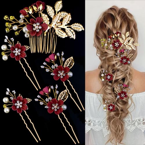 LAPOHI 5 Pcs Bridal Wedding Hair Pins Crystal Pearl Flower & Burgundy Headpiece