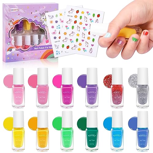 Wakaniya Kids Nail Polish Set 12 Candy Colors for Girls - Safe Toddler Peel-Off Nail Kit with Stickers - Variant A