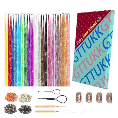 GTTUKK Fairy Hair Tinsel Kit - 6000+ Strands, 20 Colors, 48-inch Glitter Hair Extensions