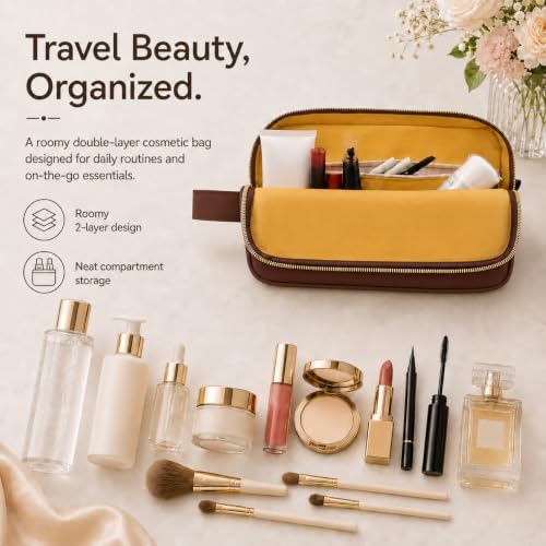 KUOSHI Brown Travel Makeup Bag - Large Waterproof Cosmetic Organizer with Dividers