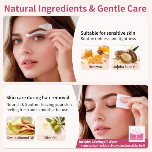 Beauty7 Eyebrow Wax Strips for Face - 56 Pack with Calming Oil Wipes, Hair Removal Kit