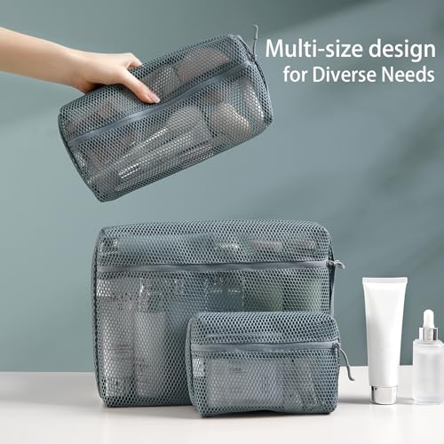 3-Pack Gray Waterproof Toiletry Bags - Clear Mesh Travel Organizers