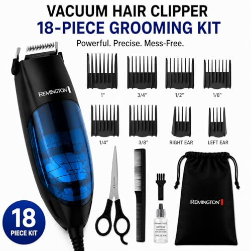 Remington Vacuum Hair Clippers for Men, Mess-Free Haircut & Beard Trimmer Kit with Hair Collection Chamber, Dual Motor Power, 18-Piece Grooming Set