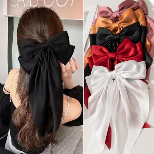 Black Satin Hair Bows & Clips Set for Women & Girls - 5 PCS, Non-Slip, Large Hair Accessories with Variation Colors