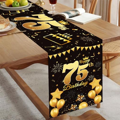 Happy 75th Birthday Table Runner - Black & Gold 72 Inch Linen