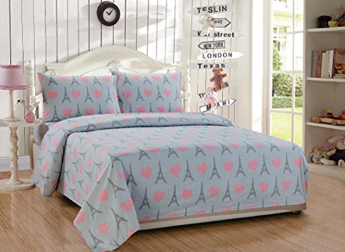 Full Size Linen Plus Sheet Set for Girls - Paris Eiffel Tower Hearts - Grey & Pink