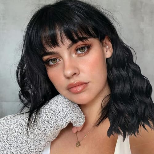 ITTAYLER Short Black Wavy Bob Wig with Bangs - Synthetic Curly 14 Inch Cosplay & Halloween Style