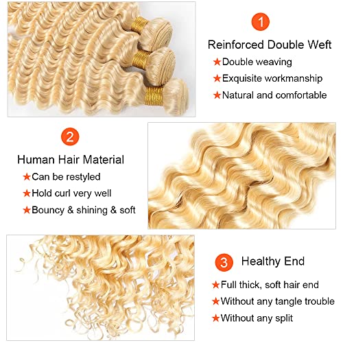 Freiuoke 613 Deep Wave Human Hair Bundle, 14 Inch Honey Blonde Virgin Hair