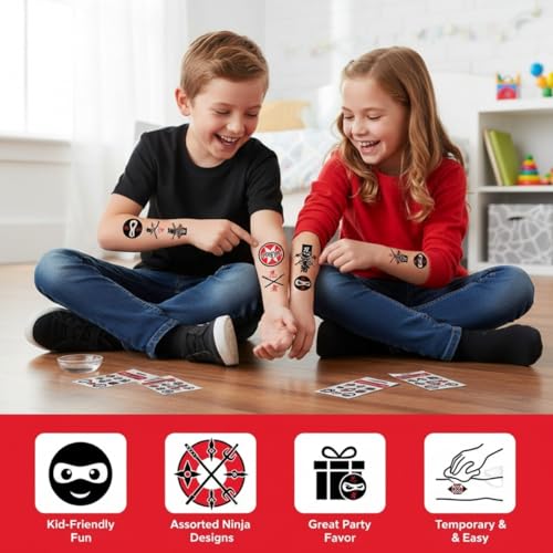 Assorted Red & Black Ninja Temporary Tattoos for Kids, 72 Count, 1.5