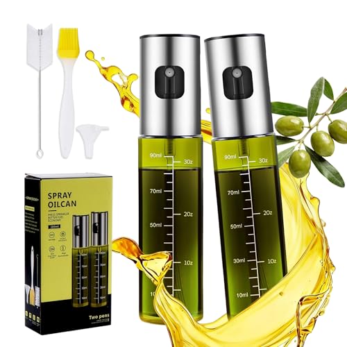 2-Pack UV-Blocking Green Glass Oil Sprayer with Funnel & Brush - 3.4oz Fine Mist Cooking Spray Bottles for Air Fryer, BBQ, and Baking