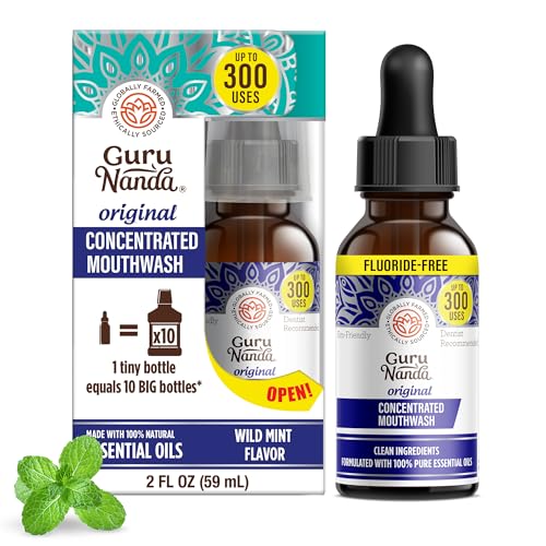 GuruNanda Concentrated Mint Mouthwash 1 Pack, Supports 300 Rinses, Fluoride-Free, Natural Essential Oils
