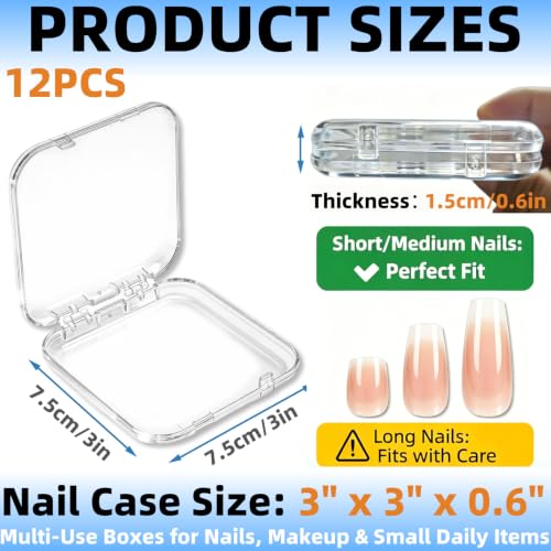 12-Piece Clear Acrylic Press-On Nail Storage Box Set with Adhesive Tape