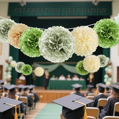 Sage Green Tissue Paper Pom Poms - 15 PCS for Baby Showers & Weddings