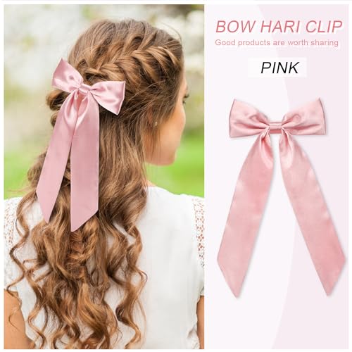 WantGor Pink Satin Long Tail Bow Hair Clips - Elegant Hair Ribbon for Women