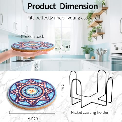 Set of 8 Colorful Boho Cork Coasters with Metal Holder - 4 Inch